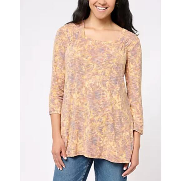 NWOT LOGO by Lori Goldstein QVC Square Neck Top M Fall Spice Print Gold Autumn - Picture 1 of 6